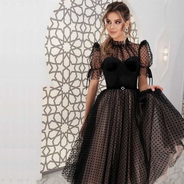 Изящные черные платья для выпускного вечера в горошек, чайная длина с рукавами, повседневная юбка с круглым вырезом, короткие вечерние платья 326 326
