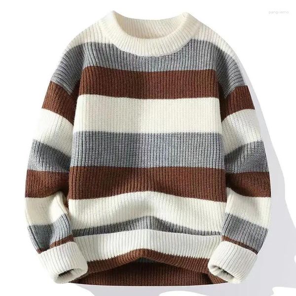 Мужские свитера, свитер с круглым вырезом, осенне-зимняя модная брендовая рубашка в полоску внизу, свободная красивая вязаная мужская рубашка для мальчиков