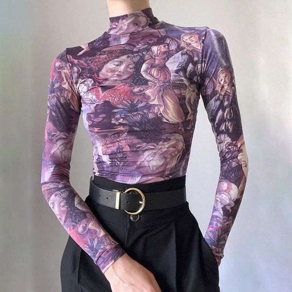 Женские футболки T 2023 Spring Fand Women Fashion Renaissance Vintage Print Graphic Turtleneck Tops Tops Женская одежда