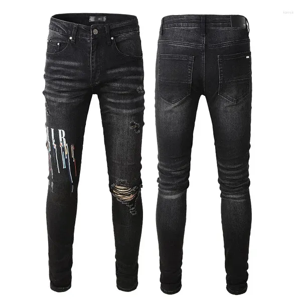 Jeans masculinos preto streetwear oco para fora danificado buracos calças jeans impressão letras bordado padrão impresso estiramento magro