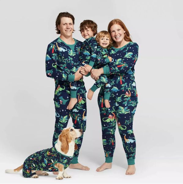 Família combinando roupas dinossauro roupas de natal pijamas de algodão meninos e meninas pai filho com cachorro 231118