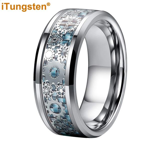 Bandringe iTungsten 8mm Männer Frauen Ehering Wolframring Kohlefaser Steampunk Gear Inlay Drop Modeschmuck Comfort Fit 231118