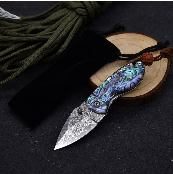 Coltello pieghevole A1902 di alta qualità Lama in acciaio di Damasco Guscio di abalone / Manico in acciaio inossidabile Coltelli per cartelle tascabili EDC Miglior regalo per i bambini