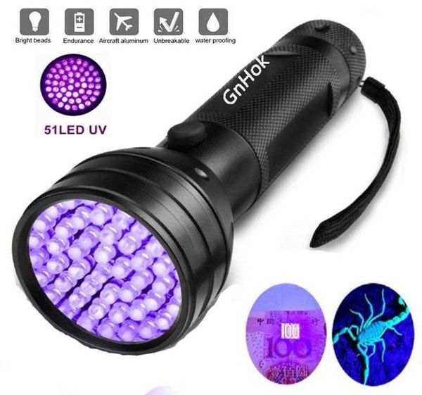 UV Flashlight LED 51 395nm LEDS Ultra Meşale Violet Işık Lamba Dedektörü Kara Için Evcil Köpek Köpeği Böcek ve Lekeler Yatak 4966419