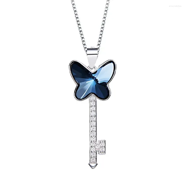 Collane con ciondolo Chiave a farfalla blu Collari color argento Cristalli dall'Austria Gioielli di moda per le donne Festa della mamma
