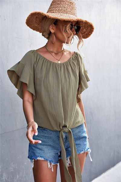 T-shirt da donna 2023 Estate Donna T-shirt Manica a farfalla Ruffles Fasciatura sexy Girocollo Primavera Autunno Spiaggia Casual Femme Tops Tees