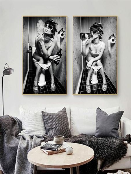 Moderne Toilette Sexy Frau Poster Wand Kunst Bar Mädchen Rauchen und Trinken In Toilette Leinwand Drucke Malerei Bild für Hause decor1882008