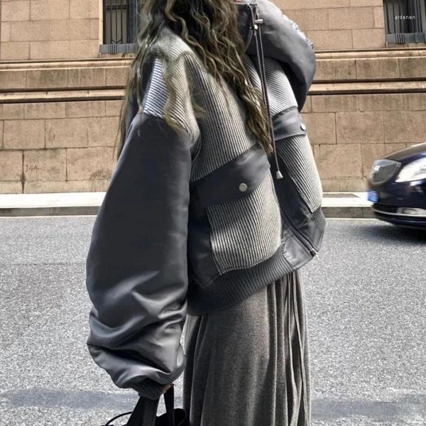 Casacos femininos temperamento vestindo gola alta malha emendada indústria pesada roupas de algodão para tendência de inverno bombardeio rua casual