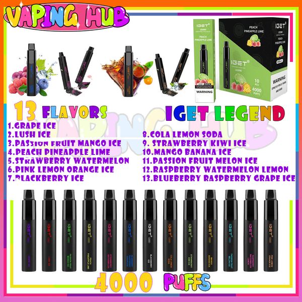 Autêntico IGET LEGEND 4000 Puff descartável vape vaporizador dispositivo Pod Device Kit Poderoso 1500mAh Bateria 14ml Cartucho Pré-preenchido Vape Pen Original Puff 4000