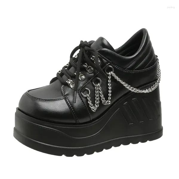 Scarpe eleganti Piattaforma di marca Zeppe alte Décolleté da donna Sneakers Casual Stile gotico Punk Fibbia con lacci Catena in metallo nero