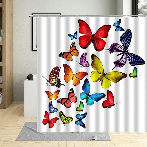 Cortinas de chuveiro desenhos animados borboleta colorida cortina de banheiro insetos borboletas impressão poliéster à prova d'água criança com ganchos