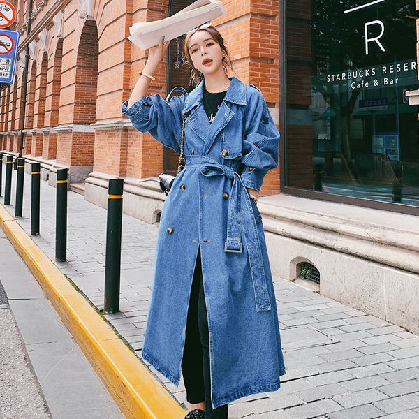 Damen Jacken Marke Pop European Style Langer Denim Trenchcoat Damen DoubleBruste mit Gürtel Frühling Herbst Oberbekleidung Blue Duster für Lady 230419