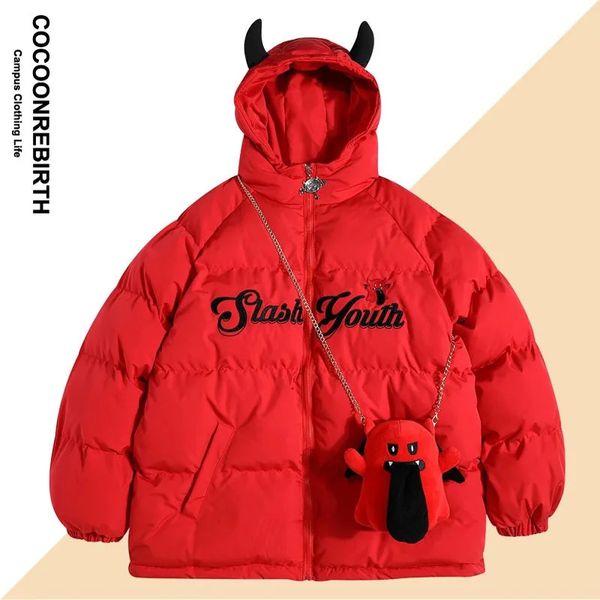 Männer Jacken Winter Stickerei Mit Kapuze Parkas Männer Frauen Y2k Hip Hop Teufel Horn Flügel Gepolsterte Harajuku Puffer Mäntel Unisex Blase outwear 231118