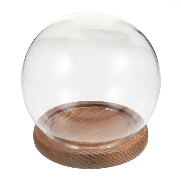 Vasos 1 conjunto de forma redonda de vidro Cloche Globe Display Dome com base de madeira para flor eterna