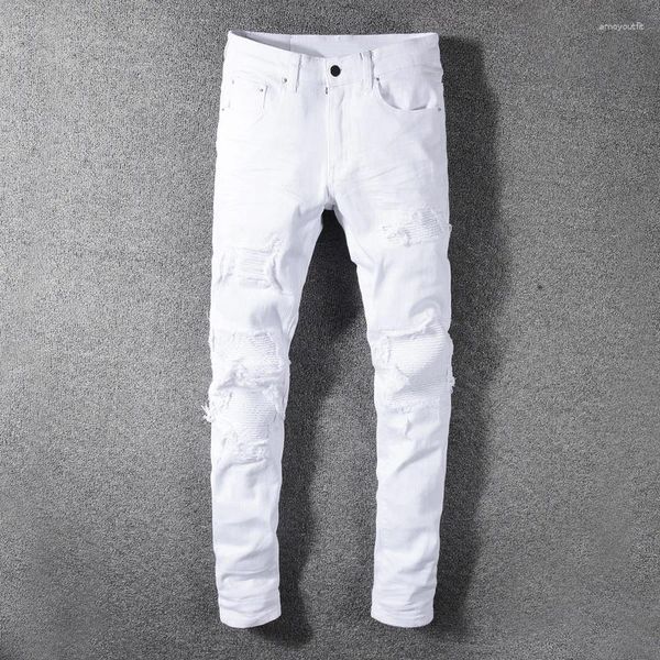 Calças de brim masculinas rua moda homens brancos calças elásticas estiramento skinny fit rasgado remendado designer hip hop marca calças hombre