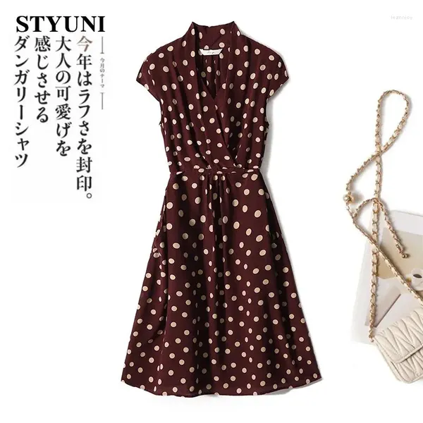 Casual Kleider Wein Rot Polka Dot Druck Chiffon V-ausschnitt Elastische Taille Spitze Up frauen Kleid Koreanische Mode Knie-länge für Frauen 2023