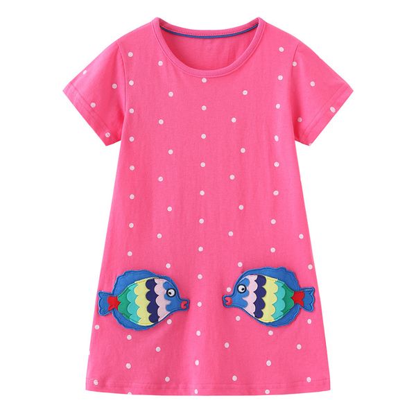 Mädchenkleider Springende Meter Sommer Tiere Fische Applikation Punkte Prinzessin Mädchen Kurzarm Babykleidung Mode Kleider Kostüm 230420