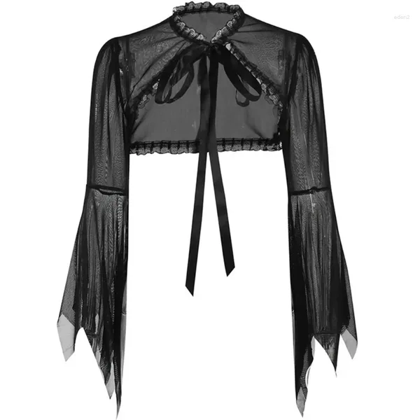 Женские куртки Женские темно-готические сетчатые футболки с расклешенными рукавами и кружевной отделкой Прозрачный кардиган с плечами Элегантная эстетичная укороченная накидка