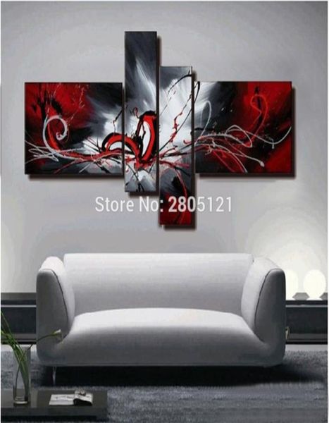 Pintados à mão pintura a óleo abstrata vermelho preto branco lona arte da parede vermelho preto imagem de parede pinturas modulares para sala de estar9565615