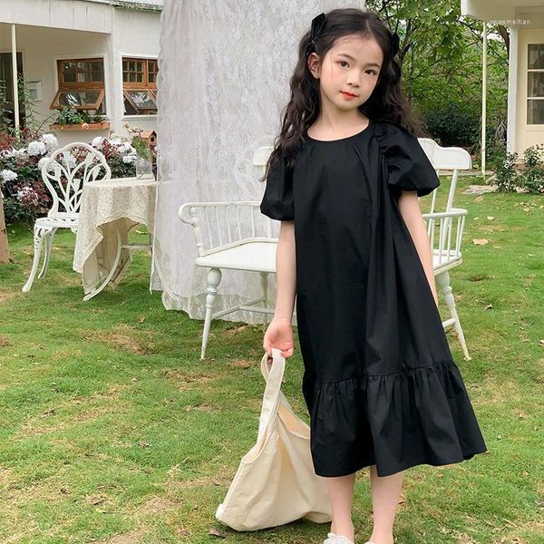 Mädchen Kleider Mädchen Schwarz Weiß Prinzessin Kleid Baumwolle Sommer 2023 Kinder Kleidung Puff Sleeve Kinder Mid-Länge Rüschen