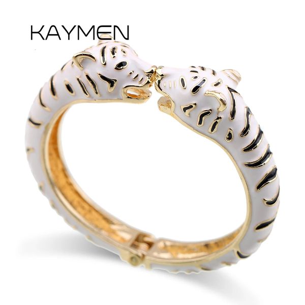 Bangle Kaymen Animal Leopard Cabeça Cuff Bangle para Meninas Mulheres Gold-Chapeamento Esmalte Declaração Bangle Moda Pulseira 7 Cores 3319 231120