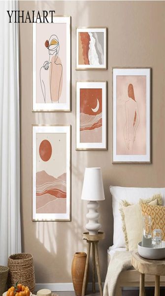 Boho arte poster vintage lua sol sexy mulher abstrata paisagem impressão moderna mínima pintura de parede imagem sala estar decoração 75730567