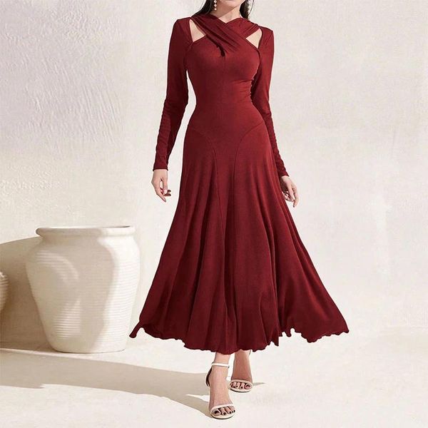 Vestidos casuais de malha vestido longo elegante cintura alta plissada a linha outono inverno manga cor sólida senhoras