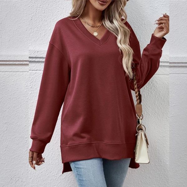 Felpe con cappuccio da donna Felpa oversize Casual Girocollo Pullover Manica lunga Tinta unita V Split Felpa con cappuccio Flanella Zip Up Fashion