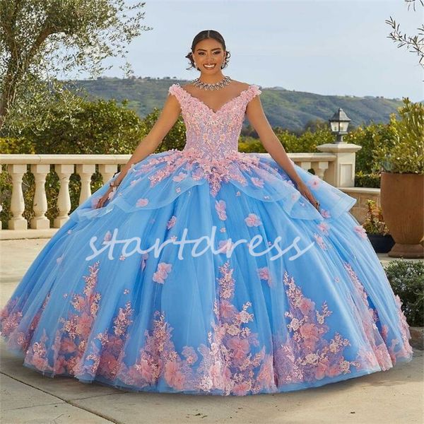 Abiti da principessa blu Quinceanera con fiori rosa Abito da ballo sexy con scollo a V per sedici anni Abito da ballo con lacci Abito da spettacolo 2024 Abiti da 15 anos Abito da festa dolce 16