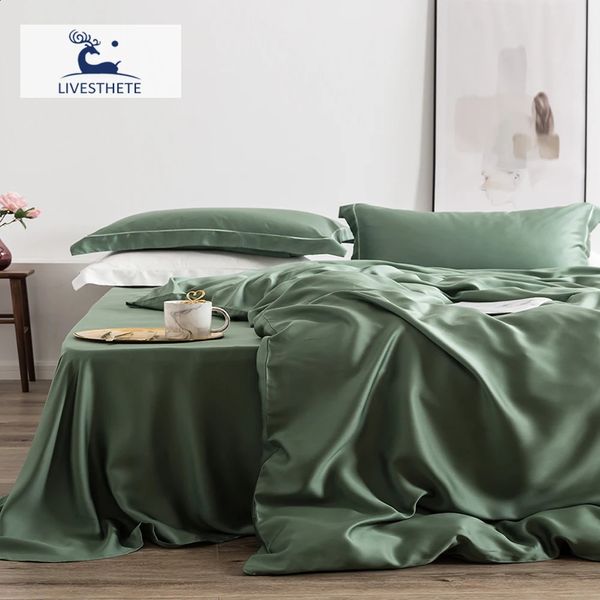 Conjuntos de cama Livesthete 100% Seda Verde Conjunto de Cama Mulberry 25 Momme Lençóis de Seda Beleza Quilt Cover Set Fronha Queen King Bed Set 231118