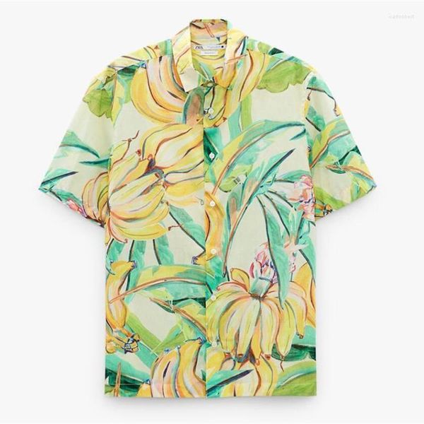 Damenblusen Harajuku Gelbe Frucht Banane Kunst Graffiti Niedliche Hemden mit Knöpfen Coole Herren Hawaii Strandbluse Lose Sommer Übergroß Kawaii