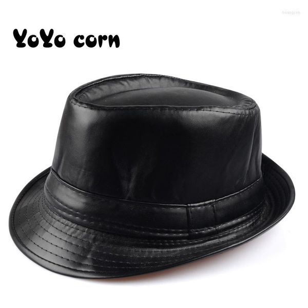 Boinas de cor de couro sólido Chapéu de homem de couro largo Brim Stetson Fedoras British Hats for Men/Women Gentman Black Cap Hipgorras Cap