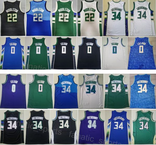 Maglia della squadra di basket Damian Lillard 1 Man City Giannis Antetokounmpo 34 Khris Middleton 22 Maglia guadagnata per i tifosi dello sport Dichiarazione Ricamo Nero Blu Bianco