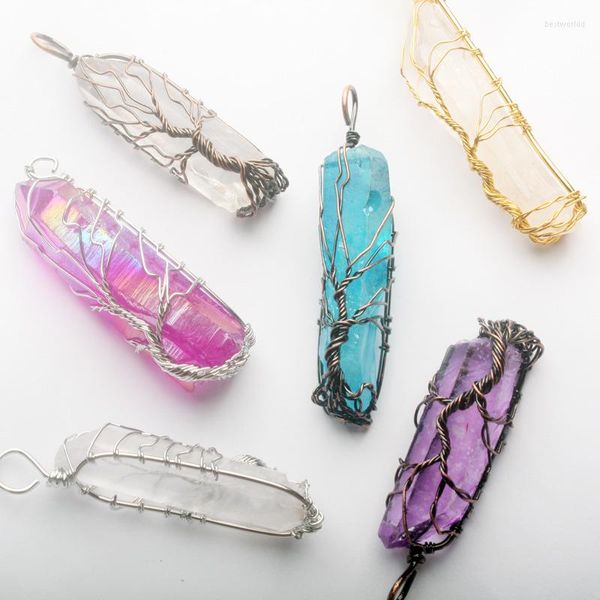 Colares pendentes Natural Clear Lake Blue Crystal Pillar Big Pingents Pingents Antique Fio de cobre embrulhado Tree of Life Quartz