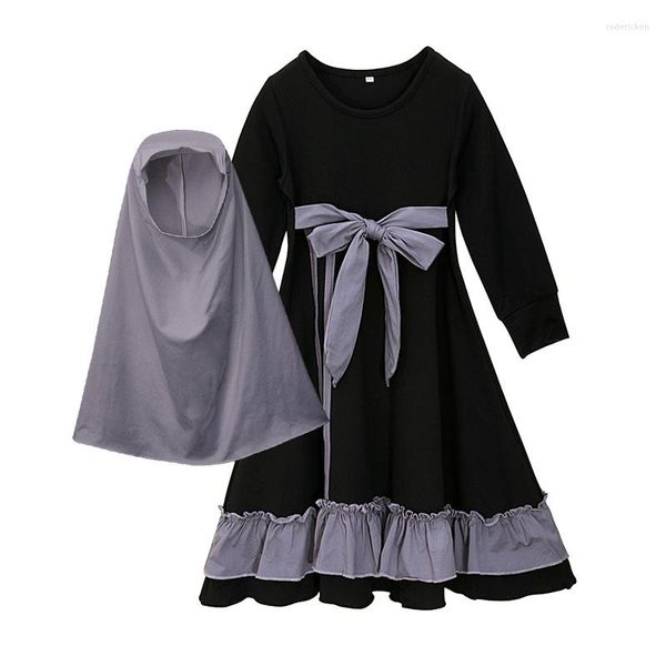 Abbigliamento etnico Bambini Ragazze Abaya Abiti musulmani Islamico Manica lunga Arabo Solido Tradizionale arabo turco Hijab da festa Set