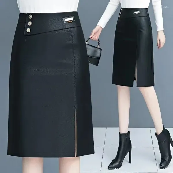 Юбки осень-зима кожаные женские 20233 модные черные из искусственной кожи с высокой талией средней длины юбка с запахом на бедрах женский размер S-5XL