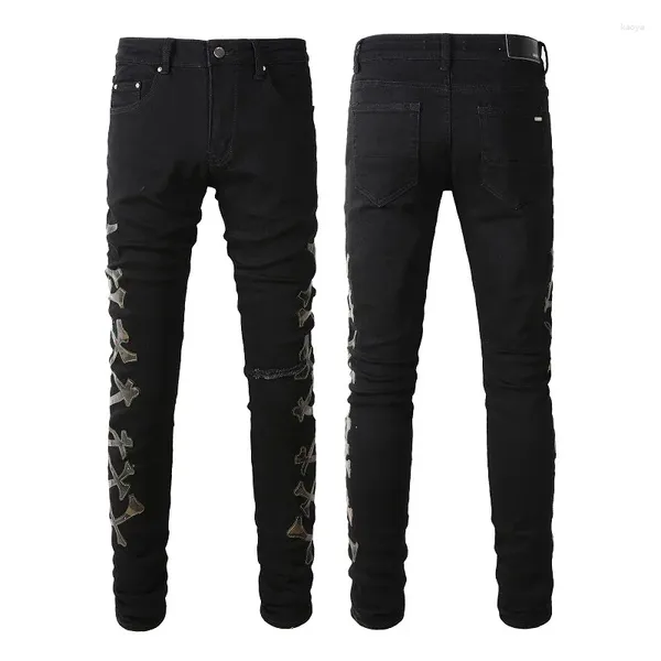 Herrenjeans AM Distressed Streetwear Fashion Slim Fit Gesticktes Armeegrünes Knochenmuster Beschädigt Skinny Stretch Ripped