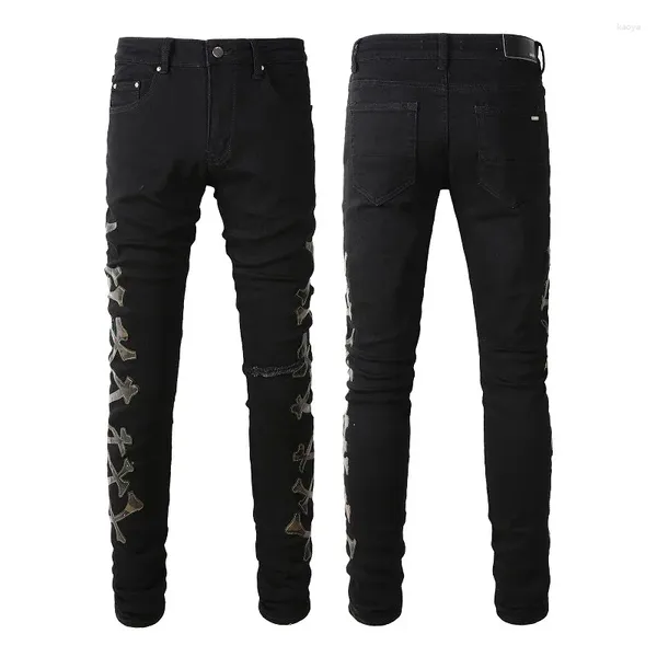 Jeans masculinos am angustiado streetwear moda slim fit bordado exército verde osso padrão danificado estiramento magro rasgado