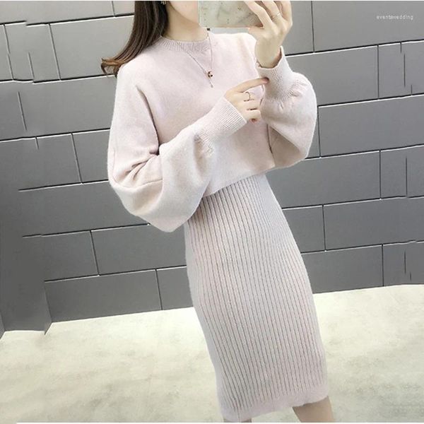 Abiti da lavoro Solid Women lavorato a maglia a due pezzi Set 2023 Autunno pullover a maniche lunghe Slip Dress Sets Ladies Fashion Office Lady Suits