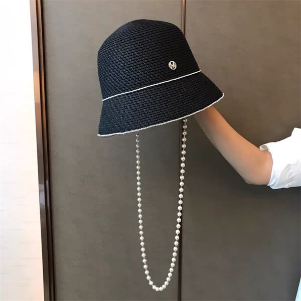 Sommer-Perlenketten-Eimer-Hüte-Frauen-Becken-Kappe für Sonnenschutz-Strohhüte im Freien gewebter Fischerhut mit Diamant-Sonnenhut