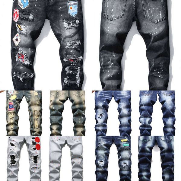 2023 Jeans da uomo slim fit di grandi dimensioni stile buco della vernice distrutto skinny gamba dritta lavato pantaloni denim regolari casual pantaloni 1010 a1