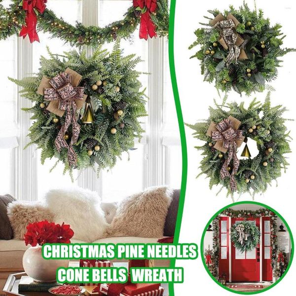 Dekorative Blumen 40 cm Weihnachten künstliche Rattankranz Kiefernnadelkegel Bell Herbsttür Girlande für Weihnachten Jahr Outdoor Dekor