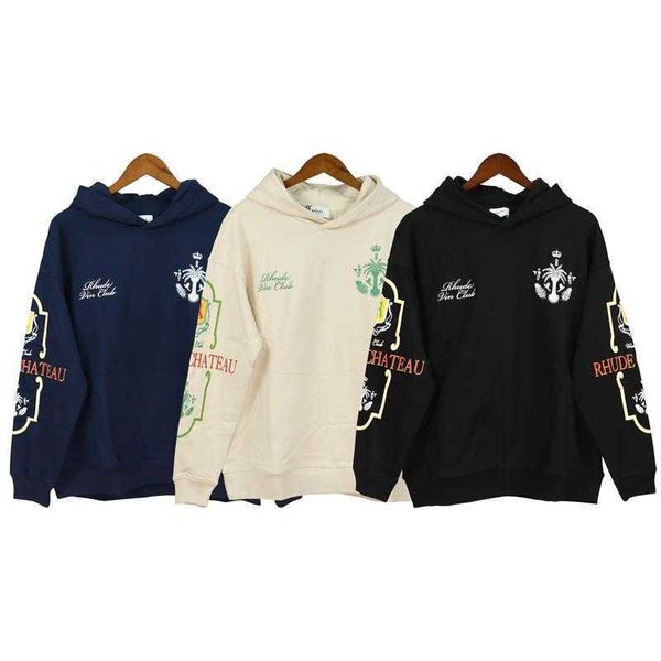 Designerkleidung Hoodies Mode Sweatshirts Rhude Herren Club Weinrot Logo bedruckte Baumwolle gestrickt locker Paar Mode Hoodie Streetwear Pullover Jacke Hip Hop