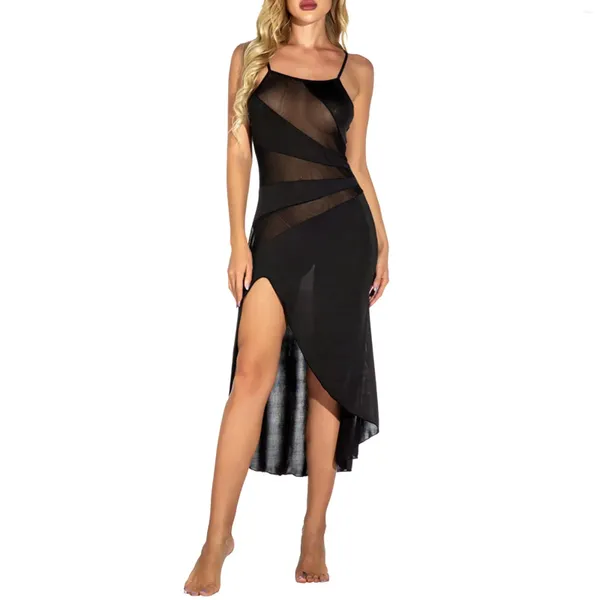 Mulheres sleepwear sexy renda saia longa vestidos elegantes roupa interior estilingue fenda lateral vestido transparente roupas clube festa