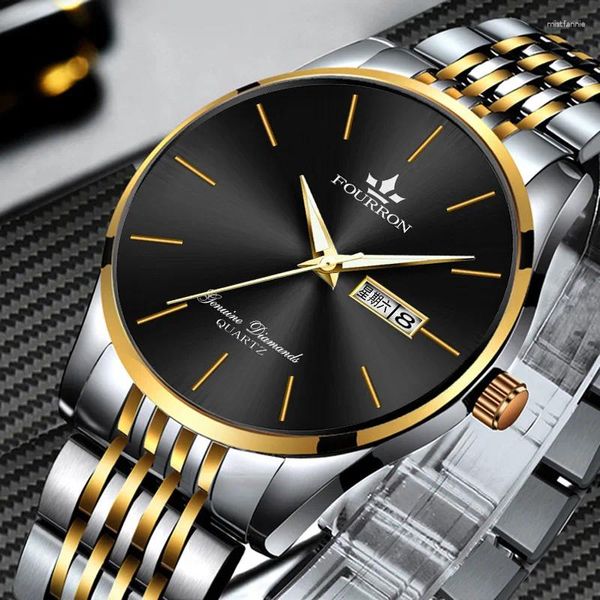 Armbanduhren Doppelkalender Ultradünne Uhr Herren Wasserdicht Einfache Mode Koreanische Version Gold Stahlband Milan Business Casual