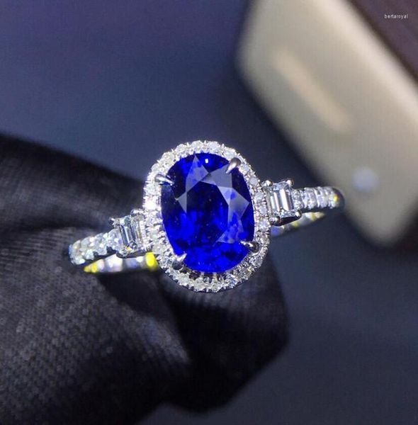 Küme halkaları ince mücevherler gerçek 18k beyaz altın doğal 1.35ct mavi safir değerli taş elmas taş kadınlar için yüzmek