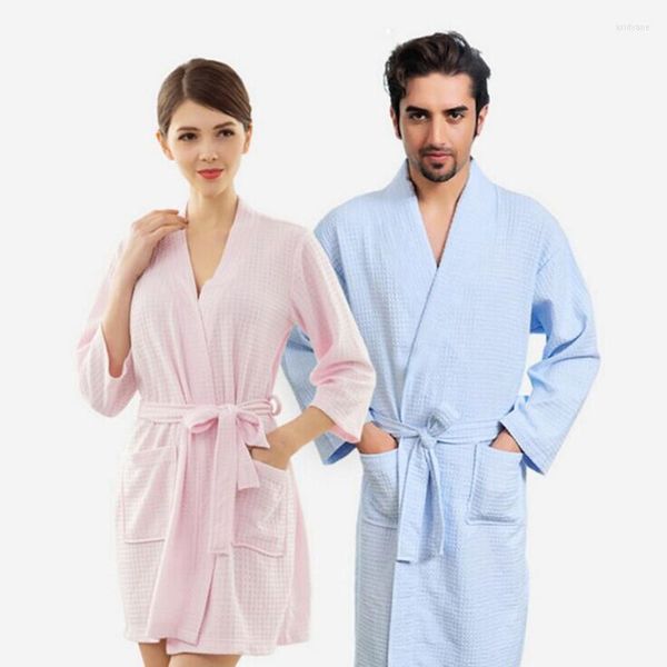 Amantes de roupas de dormir femininas kimono waffle robe elegante femme sexy peignoir mulheres roupão masculino marinha marinha robinho de banho fino mantos de dama de dama