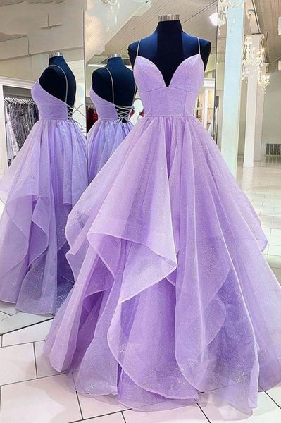 Pailletten Lavendel Ballkleider Ballkleid mit tiefem V-Ausschnitt Spaghetti sexy rückenfreier Tüll Plus Size Graduation Cocktail Homecoming Party Gown 11