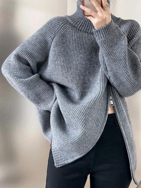 Kadın Sweaters Blugher Fermuar Fermuar Uzun Kazak Ceket Büyük Boyu Bayanlar Rahat Kalın Sıcak Boyun Moda Kadınlar 2023