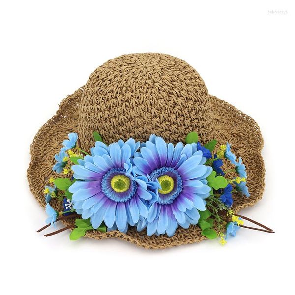 Chapéus de aba larga gancho artesanal tecer palha solar mulheres folhas larga flor doce chapéu de praia boné dobrável pescador gh-688